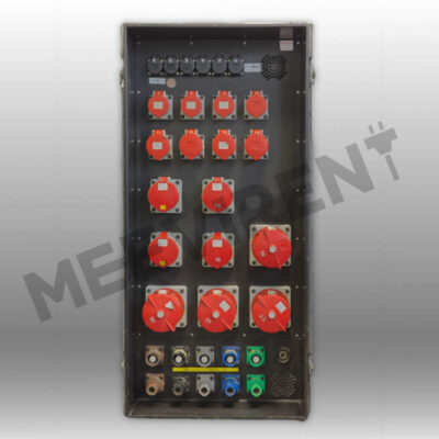 Verteiler Powerlock 400A auf 1x Powerlock 400A, 4x CEE 125A, 4x CEE 63A, 4x CEE 32A, 4x CEE 16A, 6x Schuko, 1x PE-Dinse