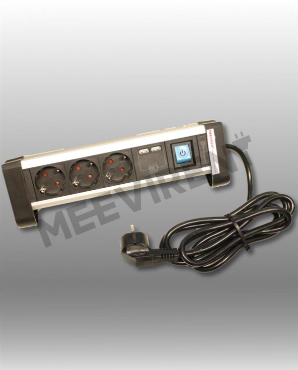 Schuko 3-fach Verteiler, schwarz/silber, Tischsteckdose mit Schalter & 2x 5V USB
