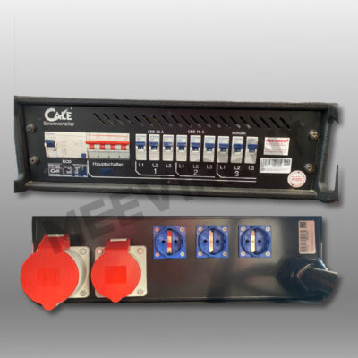 Verteiler 19" CEE 63A auf 1x CEE32A, 1x CEE 16A, 3x Schuko mit Hauptschalter für Beleuchtung