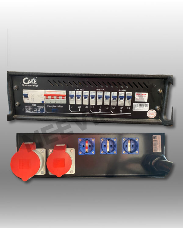 Verteiler 19" CEE 63A auf 1x CEE32A, 1x CEE 16A, 3x Schuko mit Hauptschalter für Beleuchtung