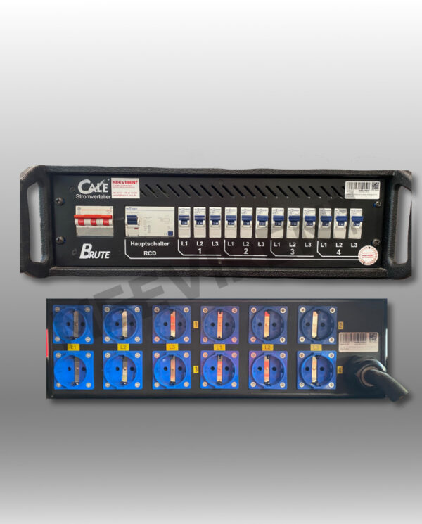 Verteiler 19" CEE  32A auf 12x Schuko mit Sicherung, FI & Hauptschalter