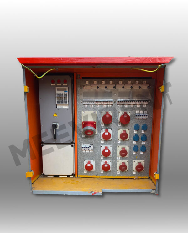 Verteiler (Stahlgehäuse) 400A, Powerlock 400A auf 1x CEE 125A, 2x CEE 63A, 4x CEE 32A, 4x CEE 32A, 6x Schuko, 1x PE-Dinse