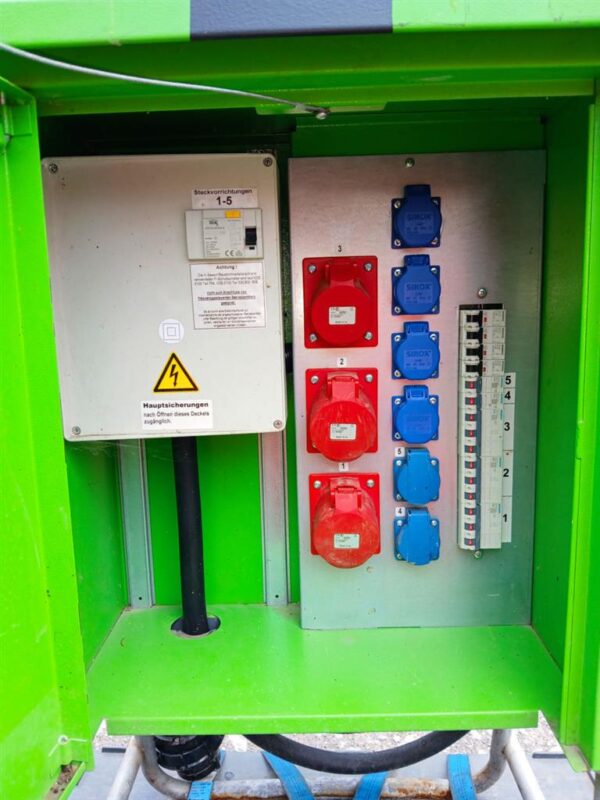 Verteiler (Stahlgehäuse) 63A, CEE 63A auf 2x CEE 32A, 1x CEE 16A, 6x Schuko Sammel RCD