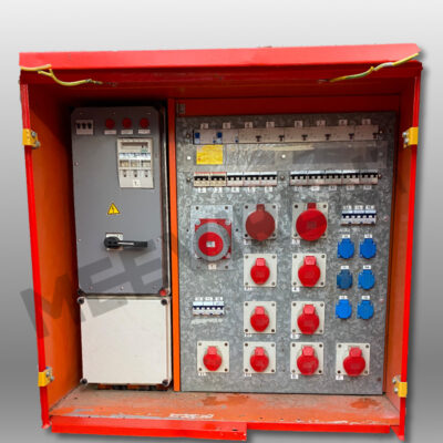 Verteiler (Stahlgehäuse) 400A, Powerlock 400A auf 1x CEE 125A, 2x CEE 63A, 4x CEE 32A, 4x CEE 16A, 6x Schuko, 1x PE-Dinse