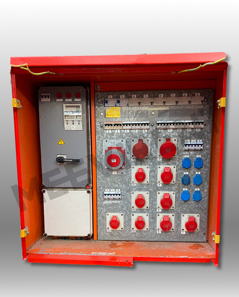 Verteiler (Stahlgehäuse) 400A, Powerlock 400A auf 1x CEE 125A, 2x CEE 63A, 4x CEE 32A, 4x CEE 16A, 6x Schuko, 1x PE-Dinse