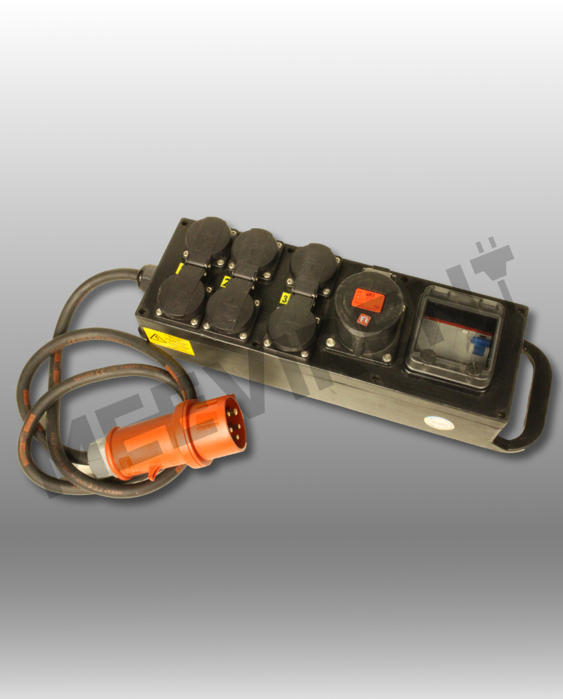 Verteiler CEE 16A auf 1x CEE 16A, 6x Schuko, mit RCD
