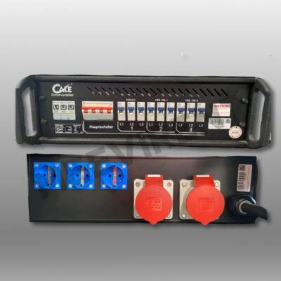 Verteiler 19" CEE  32A auf 2x CEE 16A, 3x Schuko mit Hauptschalter für Beleuchtung