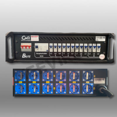 Verteiler 19" CEE  32A auf 12x Schuko mit Sicherung, FI & Hauptschalter