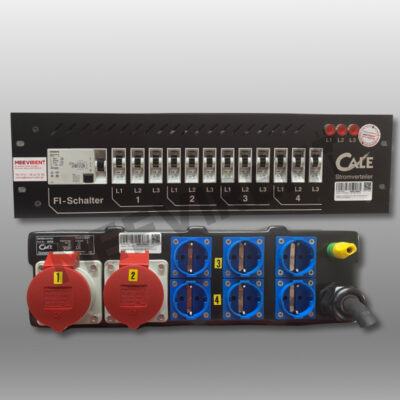 Verteiler 19" CEE  32A auf 2x CEE 16A, 6x Schuko mit Sicherung, PE-Schraube